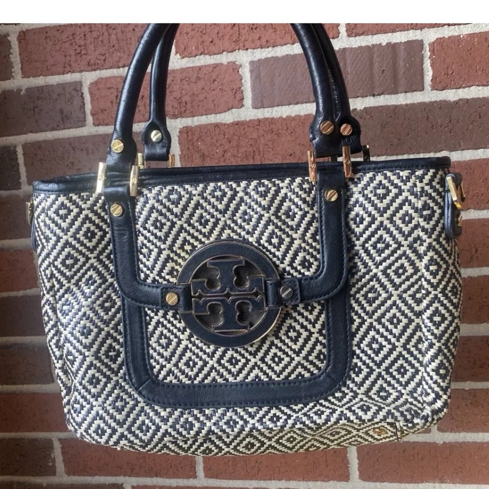 - Tory Burch black and white straw raffia purse bag